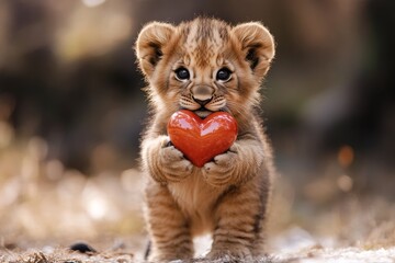 Cute lion baby with diamond red heart on in a natural habitat. Ad animal visual idea graphic artwork. Lion - my desired animal. Heartwarming nature love story. Valentine's day nature theme.