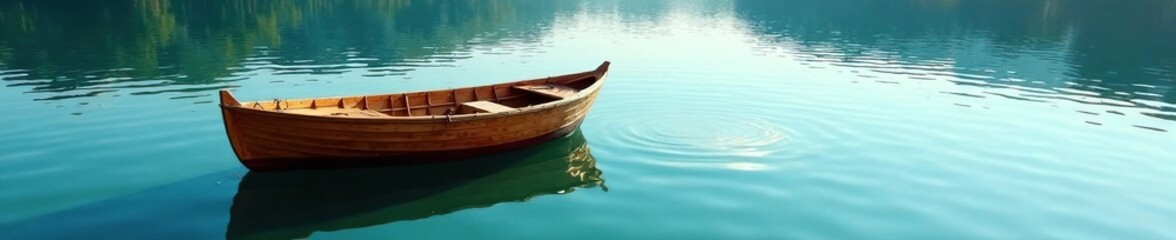 Obraz premium A small wooden boat floats on the lake's surface, boat, water, calm