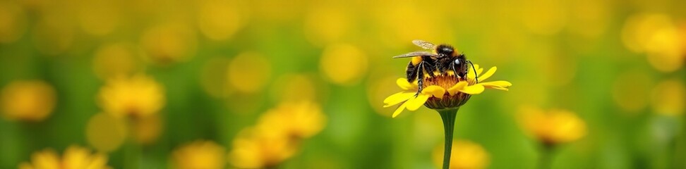Bicolored striped sweat bee on goldenrod in a sunny garden with yellow and orange flowers, flowers, garden