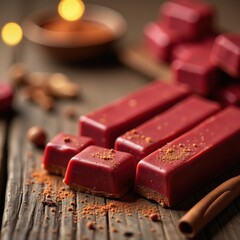 red spice infused chocolate bars on wooden table, festive, sweet