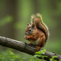 Fototapeta premium Brown Squirrel Eating on Tree Branch in Forest