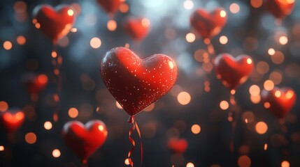 Obraz premium Numerous Red Heart Shaped Balloons Floating Against a Dark Backdrop with Bokeh Light Details