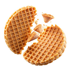 Falling Wafer and Broken Crisp Waffle Bread Isolated on White Background