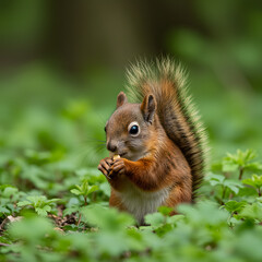 Obraz premium Squirrel Eating Nut in Green Forest Underbrush Closeup