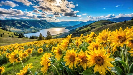 Spring blossoms paint the Okanagan Valley: a breathtaking panoramic view of arrowleaf balsamroot.