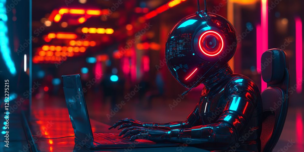 Poster robot working at computer, artificial intelligence, ai, technology, robot, computer, future, automat