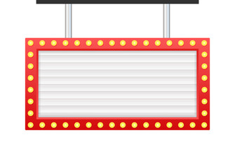 Hanging Blank White Billboard with Red Frame and Light Bulbs is Showing an Advertisement