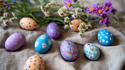 Fototapeta premium An assortment of hand-painted Easter eggs laid out on a linen tablecloth with ample space, creating an atmosphere of holiday joy.