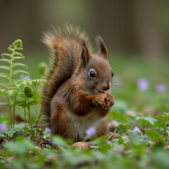 Fototapeta premium Red Squirrel Eating Nut in Forest with Ferns and Flowers