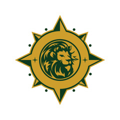 Lion head facing sideways inside a gold and green compass circle illustrator logo design