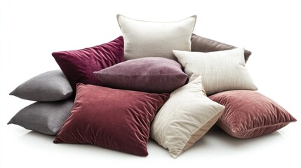 Pile of decorative pillows, various colors and textures, white background, home decor