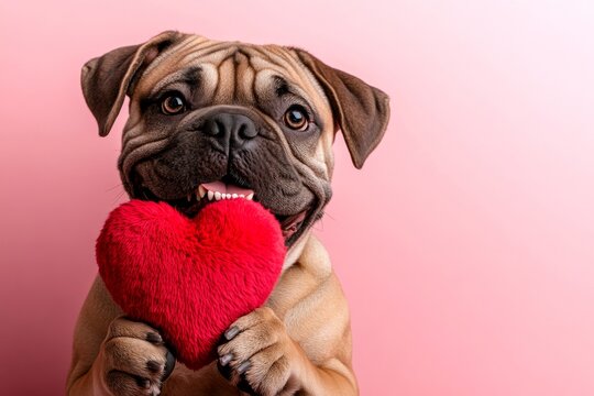 Bullmastiff - my beloved dog. Promotion conceptual art. Cute bullmastiff canine with fluffy red heart - sign of love, funny greeting card. Valentine's adorable furry friends. Pet love ideas.