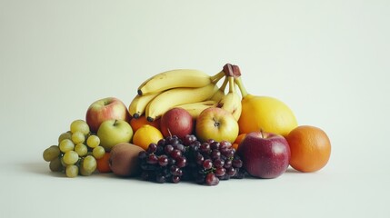 Fresh fruit still life, colorful assortment, white background, healthy eating