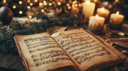 A close-up of antique sheet music with Easter hymns, placed on a rustic wooden table with soft candlelight in the background.