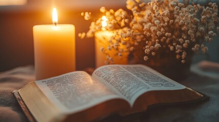A close-up of a Bible with an Easter scripture passage highlighted, surrounded by soft candlelight and peaceful natural surroundings.