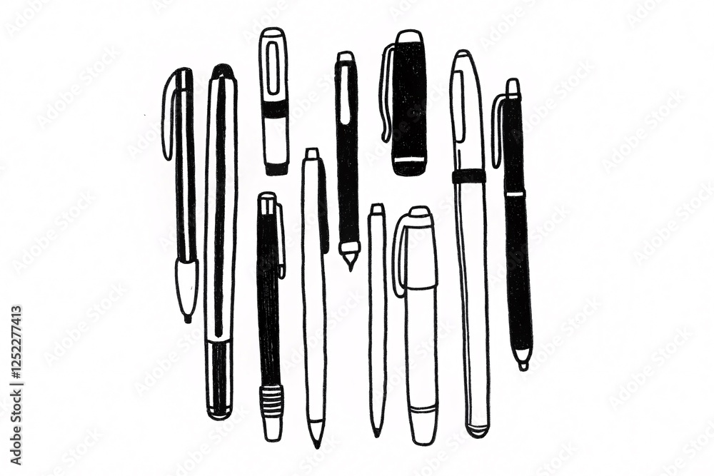 Poster artistic illustration of various writing instruments creative workspace digital content minimalist s
