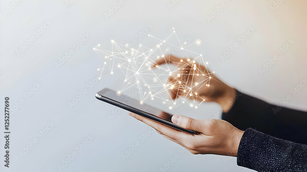 Aufkleber hands using tablet to interact with glowing network