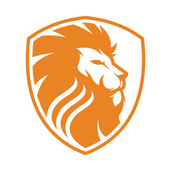 Lion head facing sideways inside orange shield illustrator logo design