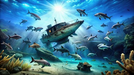 Fototapeta premium Diverse group of marine animals swimming together in a shipwreck, sea turtle, wreckage, ocean, marine life, coral
