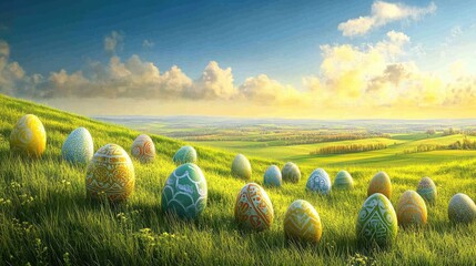 A colorful variety of Easter eggs rolling across a vibrant green meadow, each with a unique pattern and design.