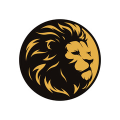 Lion head facing sideways inside a gold and dark circle illustrator logo design