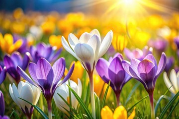 Spring's purple, yellow, and white crocus petals unfurl in a vibrant floral display.