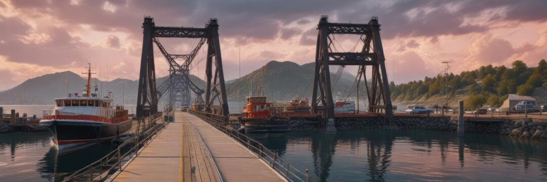 Double deck lift bridge with boat ramp and fishing boats in the foreground, double deck lift bridge, waterway, nautical