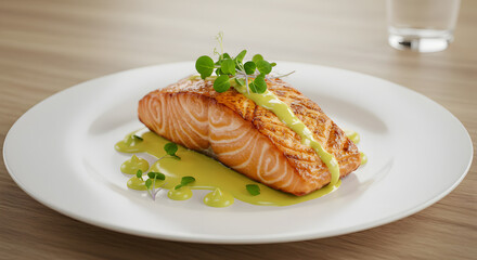 seared salmon on a pristine white plate, garnished with microgreens