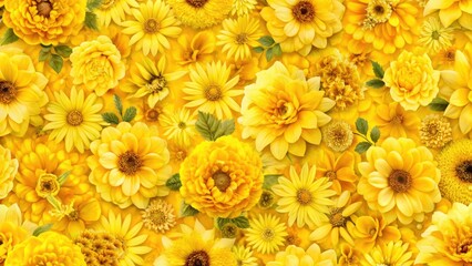 Spring/summer botany-inspired design: yellow flower fabric pattern with golden bloom texture for textile prints.