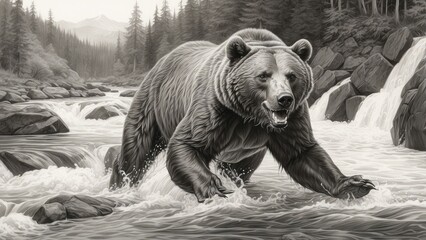 A detailed pencil sketch of a brown bear catching a salmon in a flowing river, nature art.
