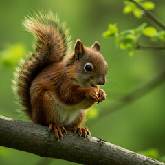 Fototapeta premium Brown Squirrel Eating on Tree Branch in Forest