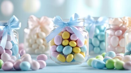 A festive Easter favor table featuring mason jars filled with pastel-colored candies, tied with soft satin ribbons.