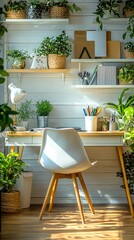 Sunny home office with plants, desk, and chair