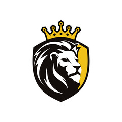 Serious crowned lion head facing sideways inside a white and yellow shield illustrator logo design 