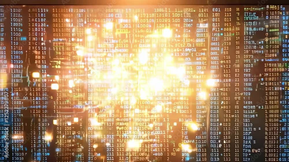 Poster a laptop displaying glowing data patterns with a bright, light-filled background, suggesting technol