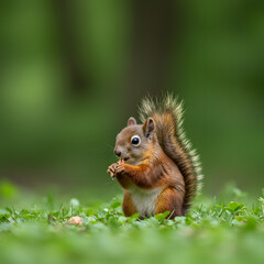 Fototapeta premium Brown Squirrel Eating Nuts in Green Grass Forest