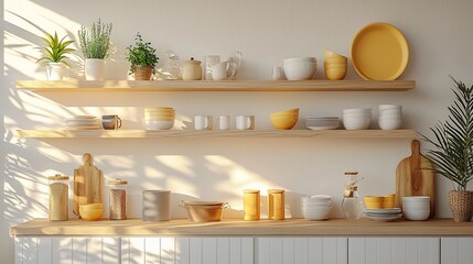 Sunny kitchen shelves with dishes and plants. Interior design