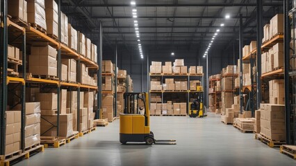 A modern warehouse interior with automated storage solutions and a forklift going through neatly ordered pallets, demonstrating advanced logistics technology.