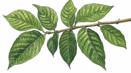 Fototapeta premium Green leaves branch botanical illustration, nature background, educational resource