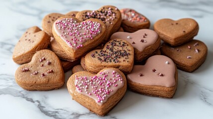 Pile of Heart Shaped Cookies with Pink Icing and Sprinkles on a Marble Background for Valentines Day Celebration