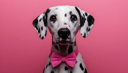 Dalmatian dog wearing a pink bow tie against