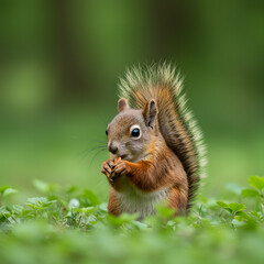 Obraz premium Cute Squirrel Eating Nut in Green Grass Forest