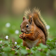 Fototapeta premium Squirrel Eating Acorn in Green Grass with Flowers