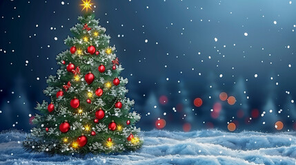 Obraz premium Festive Christmas Tree with Lights and Snowy Background
