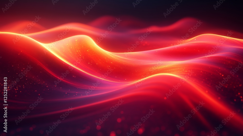 Poster vibrant red abstract waves with glowing particles, digital art concept