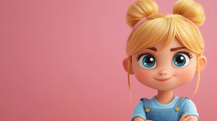 Fototapeta premium Cute cartoon girl with blonde hair and blue eyes.