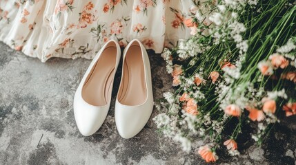 A pair of white ballet flats with a pastel-colored floral dress laid beside them, ready for a fresh and elegant Easter Sunday outfit.