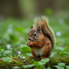 Fototapeta premium Red Squirrel Eating Nuts in Green Forest with Flowers