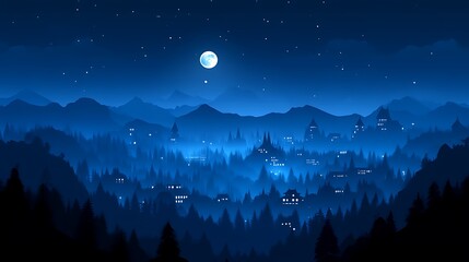 Fototapeta premium Nighttime Village nestled in Mountains under a Full Moon
