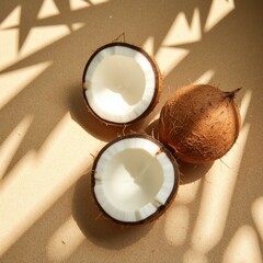coconuts milk palm tree tropical fruit meat sandy rustic shell beige vegetable food island vacation warm cosmetics oil brown beige neutral hot climate